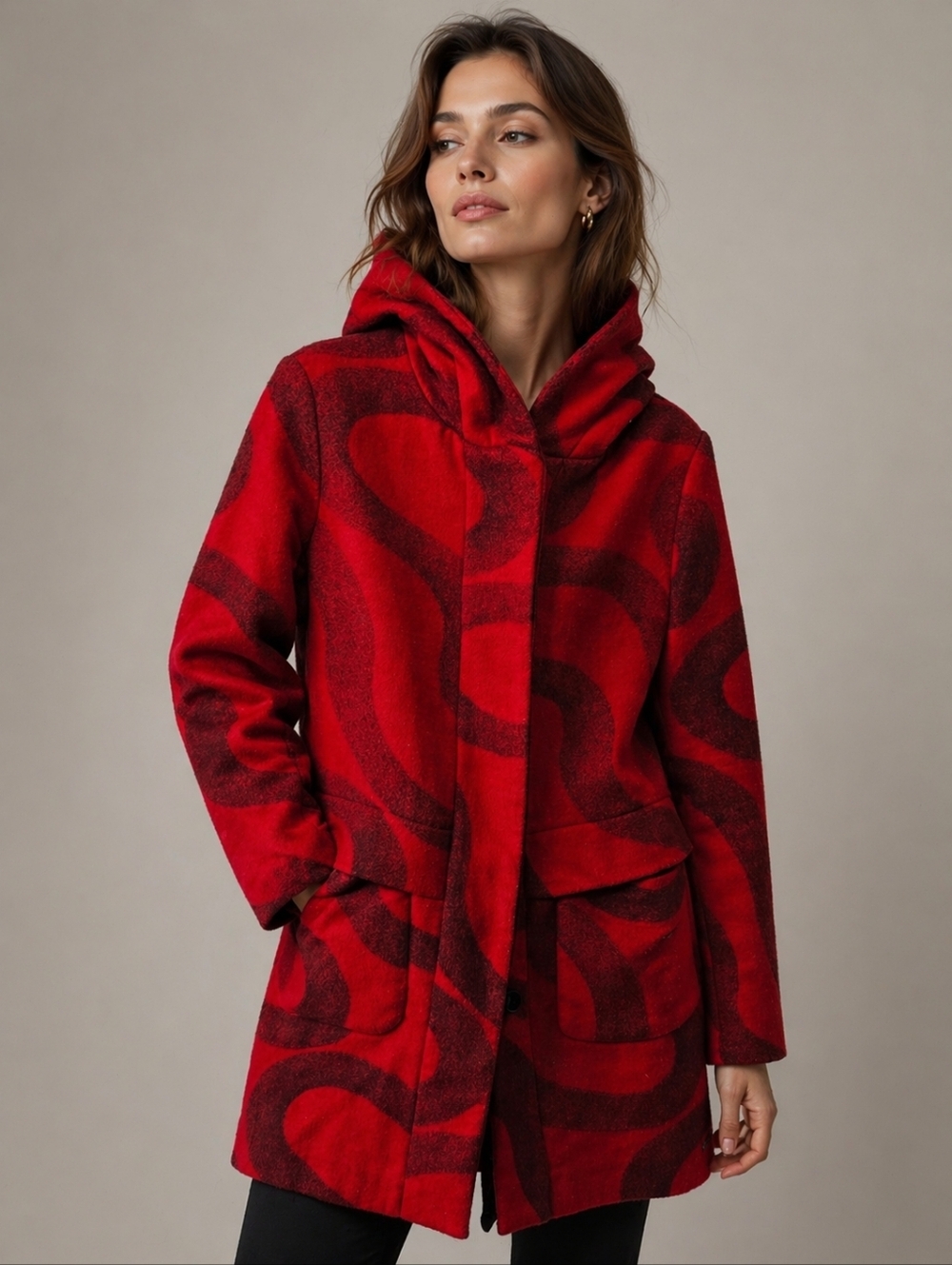Desigual Abstract Print Wool Coat Size 40 Hooded Red European